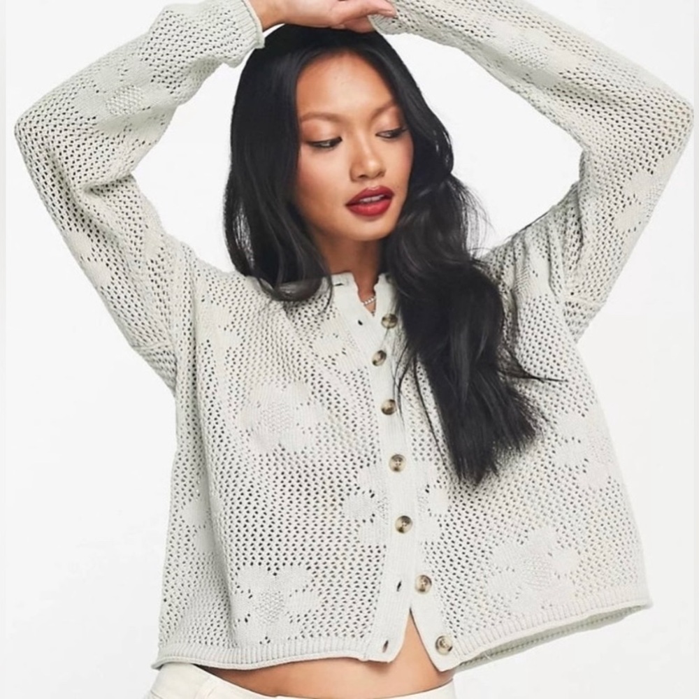 Madewell Floral Open Stitch Sage Green Cardigan Sweater